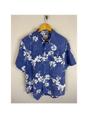 Reyn Spooner Blue Hibiscus Floral Button Shirt Tailored Mens L Reverse Print